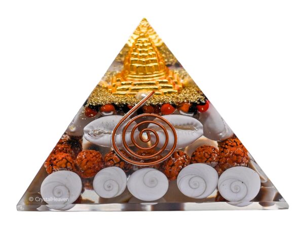 Laxmi Pyramid Original Certified Gomati Chakra, Rudraksha, Cowrie Kodi Maha Laxmi Pyramid - 90 mm Large Orgonite Pyramid with Shree Yantra - Vastu Items for Good Luck, Money & Wealth - Image 4