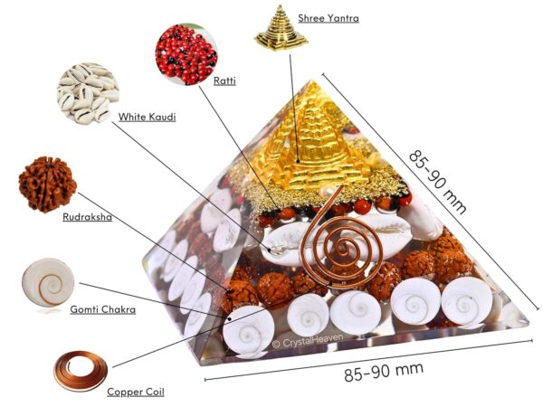 Laxmi Pyramid Original Certified Gomati Chakra, Rudraksha, Cowrie Kodi Maha Laxmi Pyramid - 90 mm Large Orgonite Pyramid with Shree Yantra - Vastu Items for Good Luck, Money & Wealth - Image 8