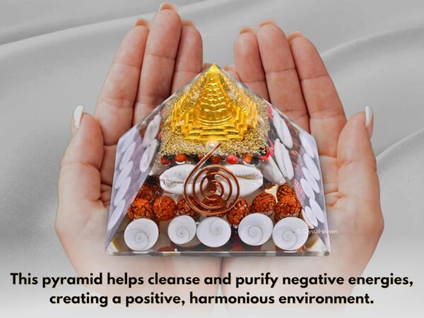 Laxmi Pyramid Original Certified Gomati Chakra, Rudraksha, Cowrie Kodi Maha Laxmi Pyramid - 90 mm Large Orgonite Pyramid with Shree Yantra - Vastu Items for Good Luck, Money & Wealth - Image 7
