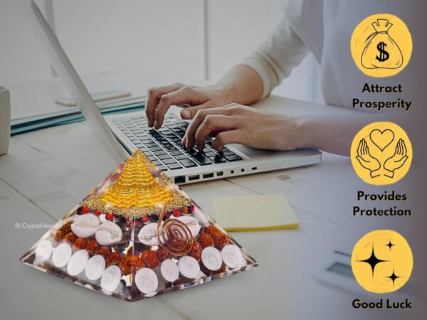 Laxmi Pyramid Original Certified Gomati Chakra, Rudraksha, Cowrie Kodi Maha Laxmi Pyramid - 90 mm Large Orgonite Pyramid with Shree Yantra - Vastu Items for Good Luck, Money & Wealth - Image 6