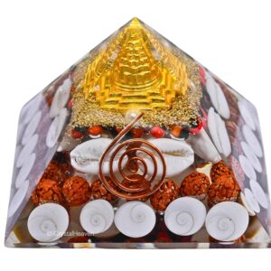 Laxmi Pyramid Original Certified Gomati Chakra, Rudraksha, Cowrie Kodi Maha Laxmi Pyramid - 90 mm Large Orgonite Pyramid with Shree Yantra - Vastu Items for Good Luck, Money & Wealth