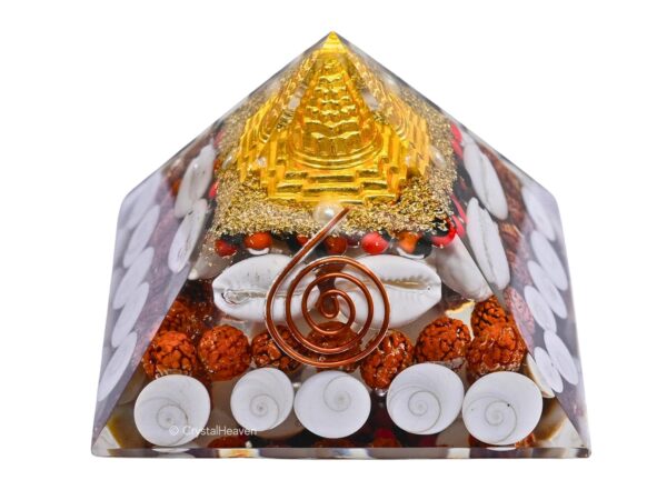 Laxmi Pyramid Original Certified Gomati Chakra, Rudraksha, Cowrie Kodi Maha Laxmi Pyramid - 90 mm Large Orgonite Pyramid with Shree Yantra - Vastu Items for Good Luck, Money & Wealth