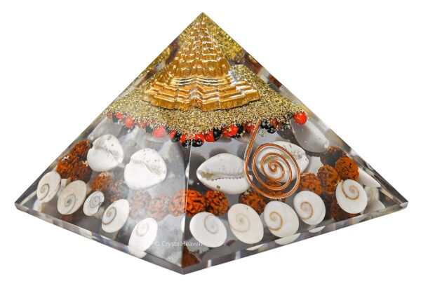 Laxmi Pyramid Original Certified Gomati Chakra, Rudraksha, Cowrie Kodi Maha Laxmi Pyramid - 90 mm Large Orgonite Pyramid with Shree Yantra - Vastu Items for Good Luck, Money & Wealth - Image 2
